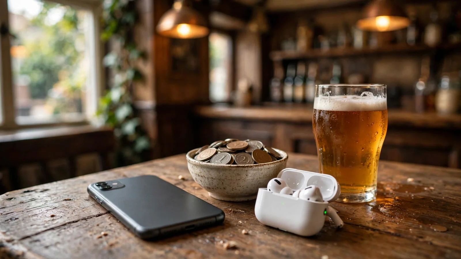Smartphone on a British pub table with ale and coins, screen turned away.