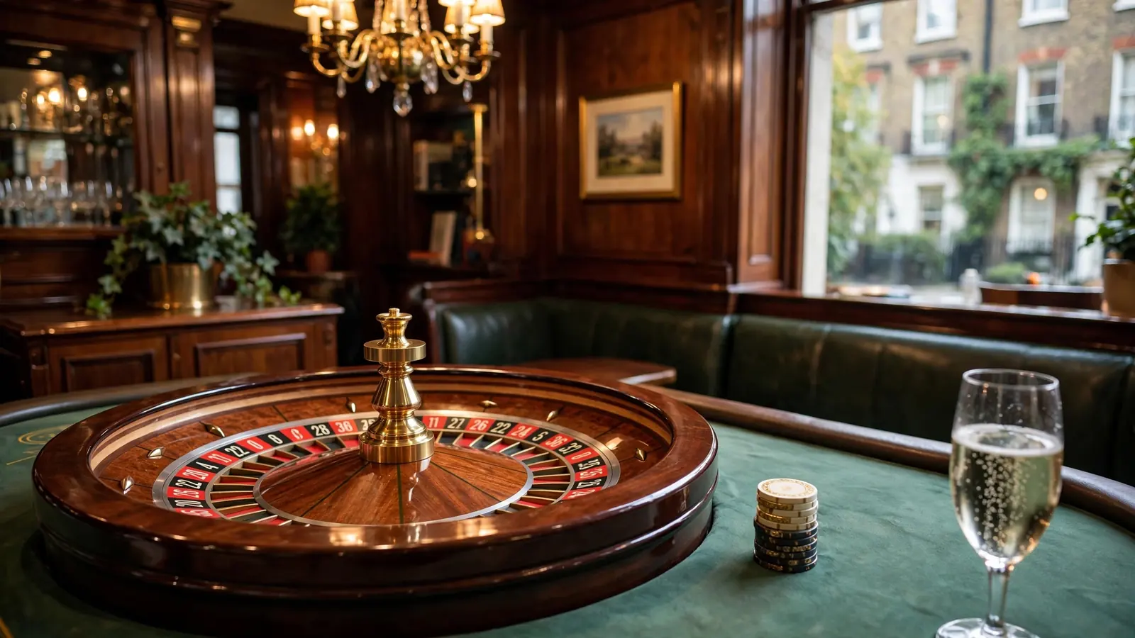 French roulette wheel and casino chips on a green baize table
