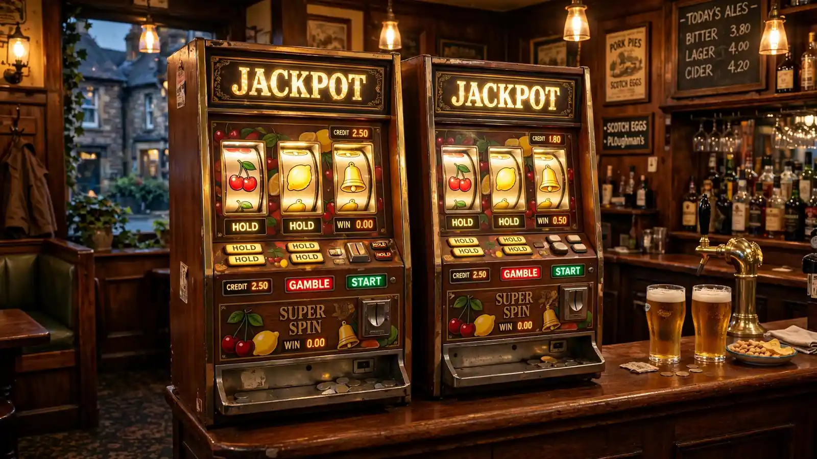 Two classic British pub fruit machines beside a wooden bar in warm amber light