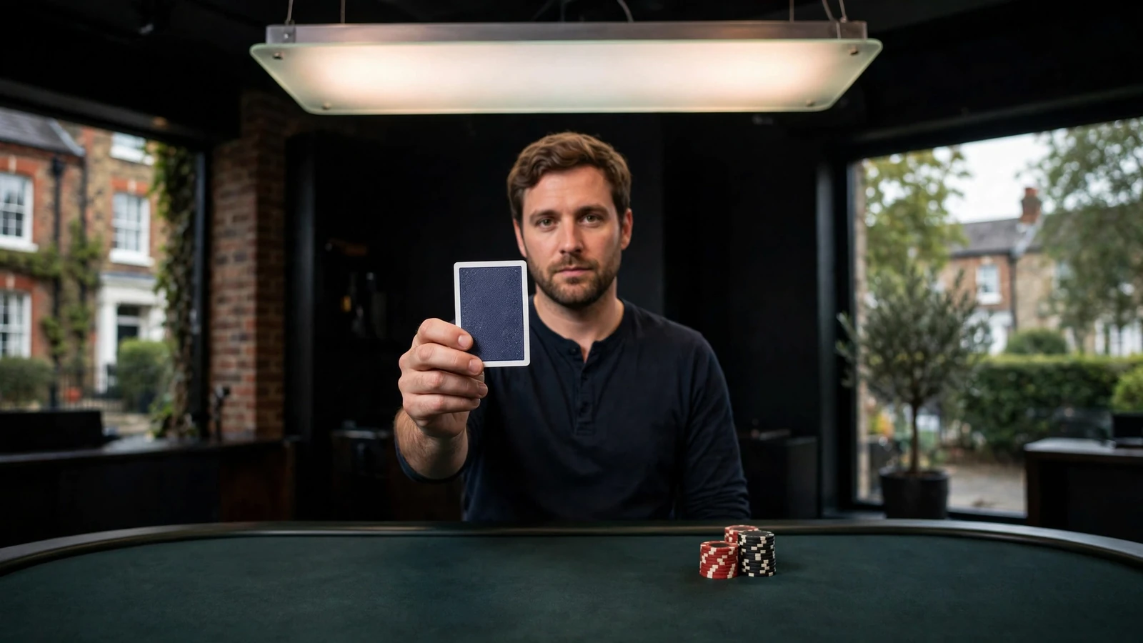Live dealer holding a face-down card over a casino table.