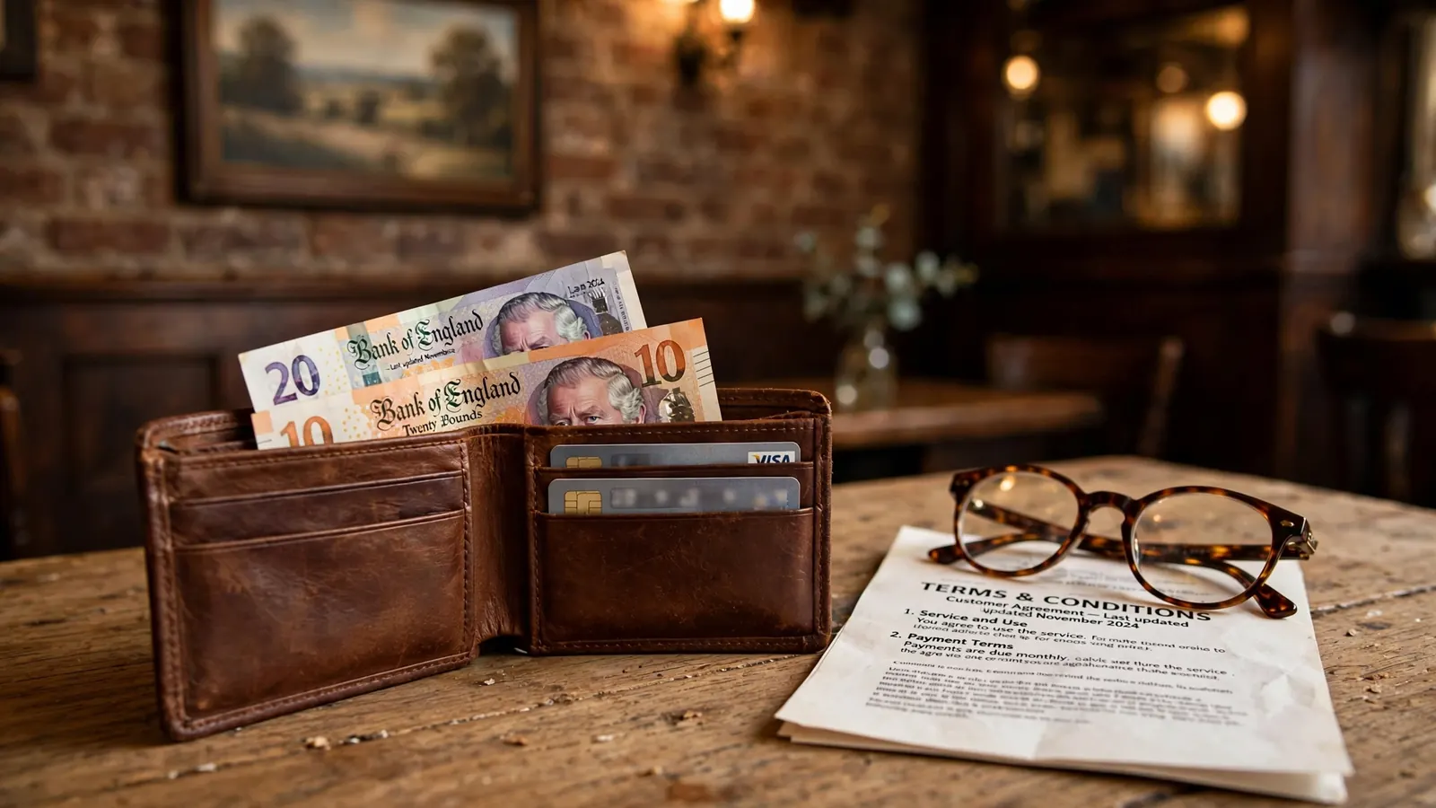 Wallet with pound notes and glasses on terms document at a British pub table