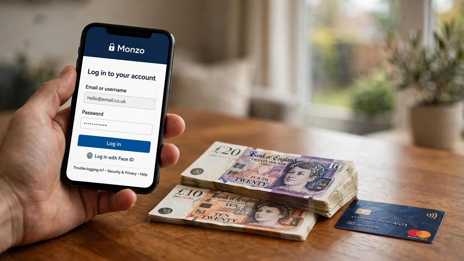 Hand using mobile banking app next to pound notes and card on a desk.