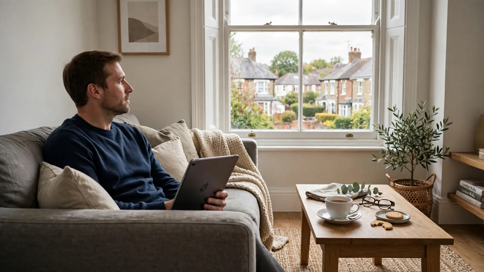 Person relaxing on sofa holding an iPad in a British living room, tea nearby.