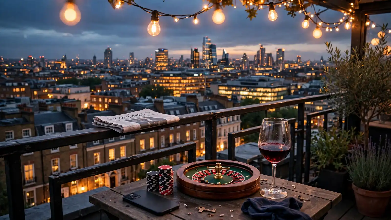 London rooftop terrace at dusk with a smartphone, casino chips, and a roulette wheel on a bistro table.