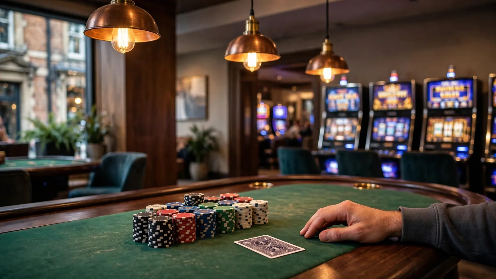 Inside a UK casino with chips and a face-down card on a gaming table under warm lighting.