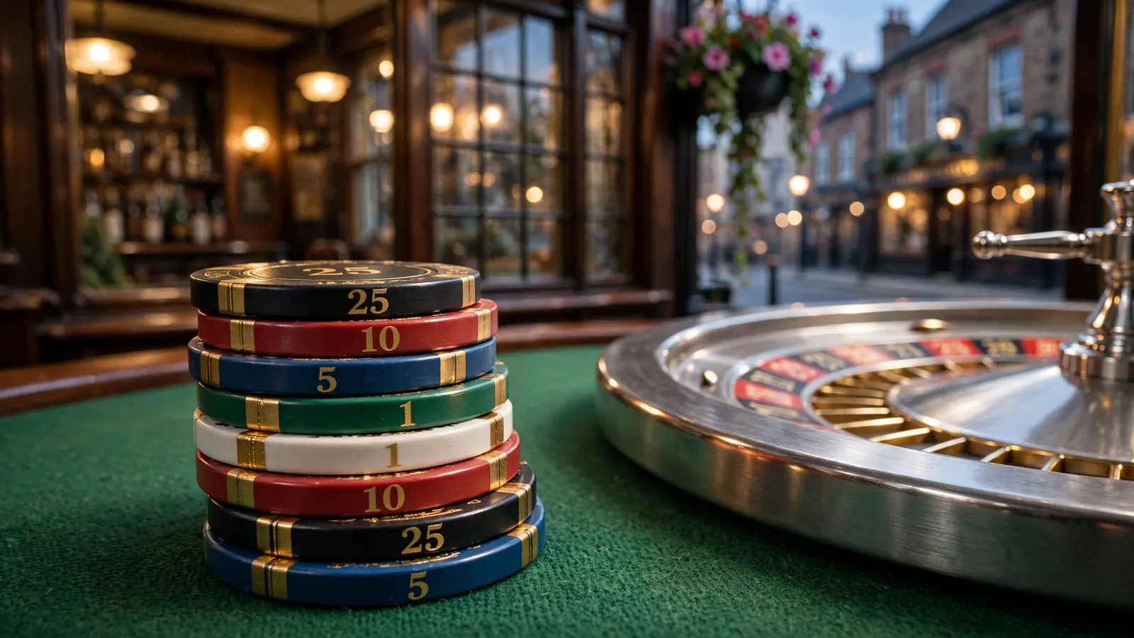 Casino chips and a roulette wheel on a green table with a British pub window behind.