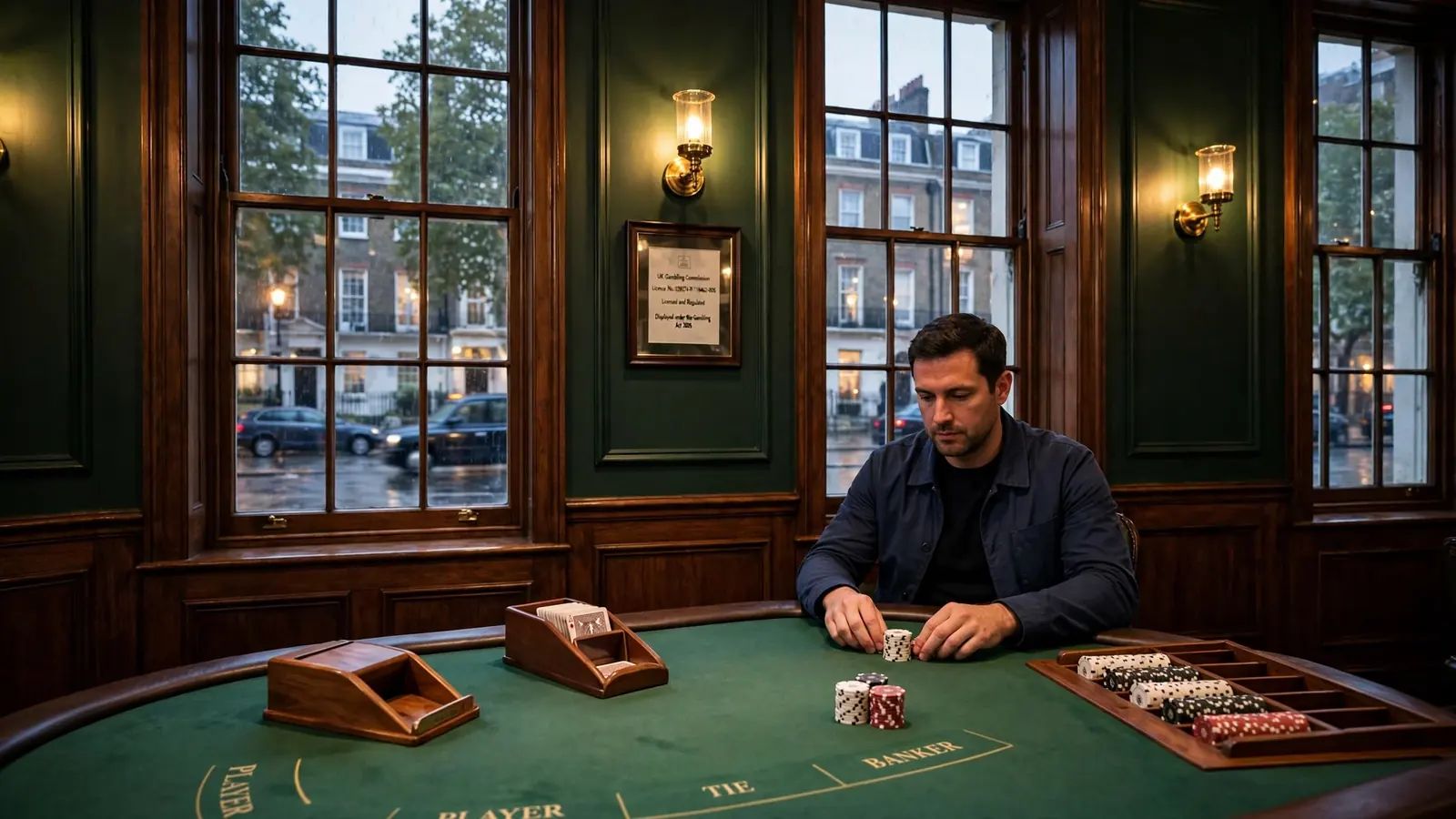 Elegant London baccarat table with chips, cards, and a UK licence notice on the wall