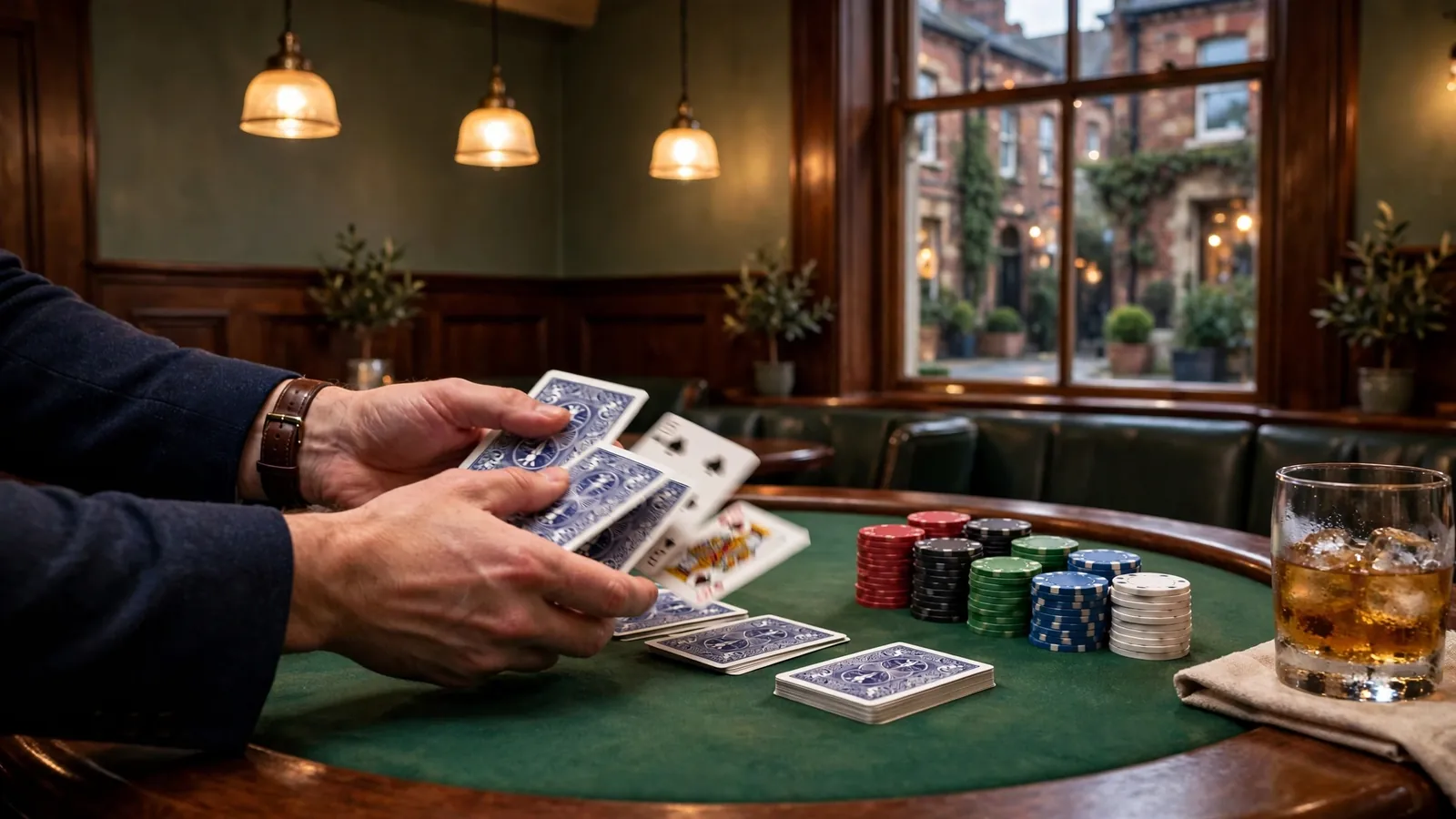 Blackjack table with shuffled cards, betting chips, and a whisky glass in a casino lounge