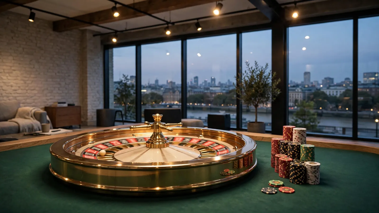 Spinning roulette wheel on a casino table in a London studio at dusk