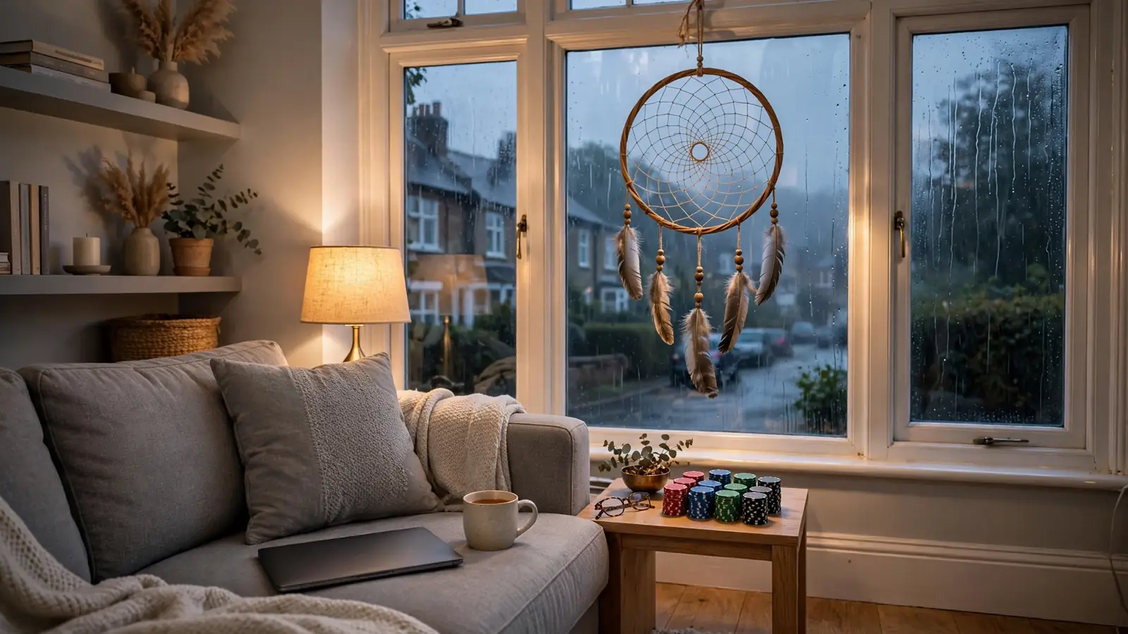 Dreamcatcher in a rainy UK window with casino chips and a closed laptop