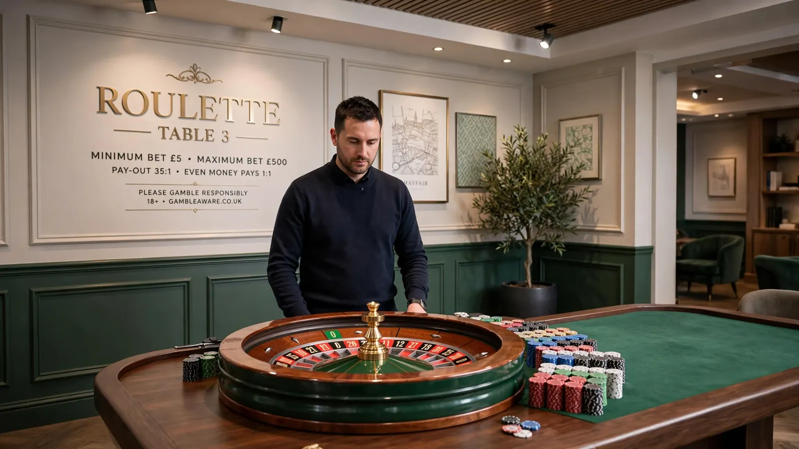 English-speaking live roulette dealer at a casino studio wheel in the UK.