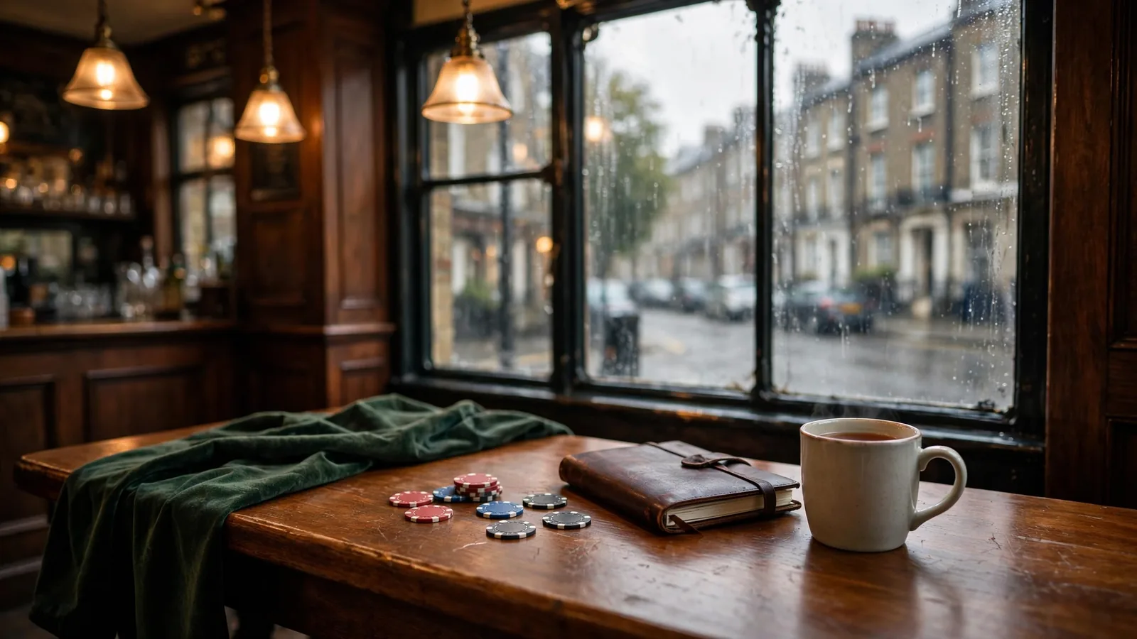 British pub room with casino chips on a wooden table