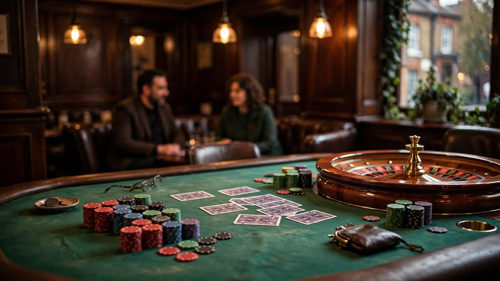 UK casino interior with green felt table, chips, cards, and roulette wheel.