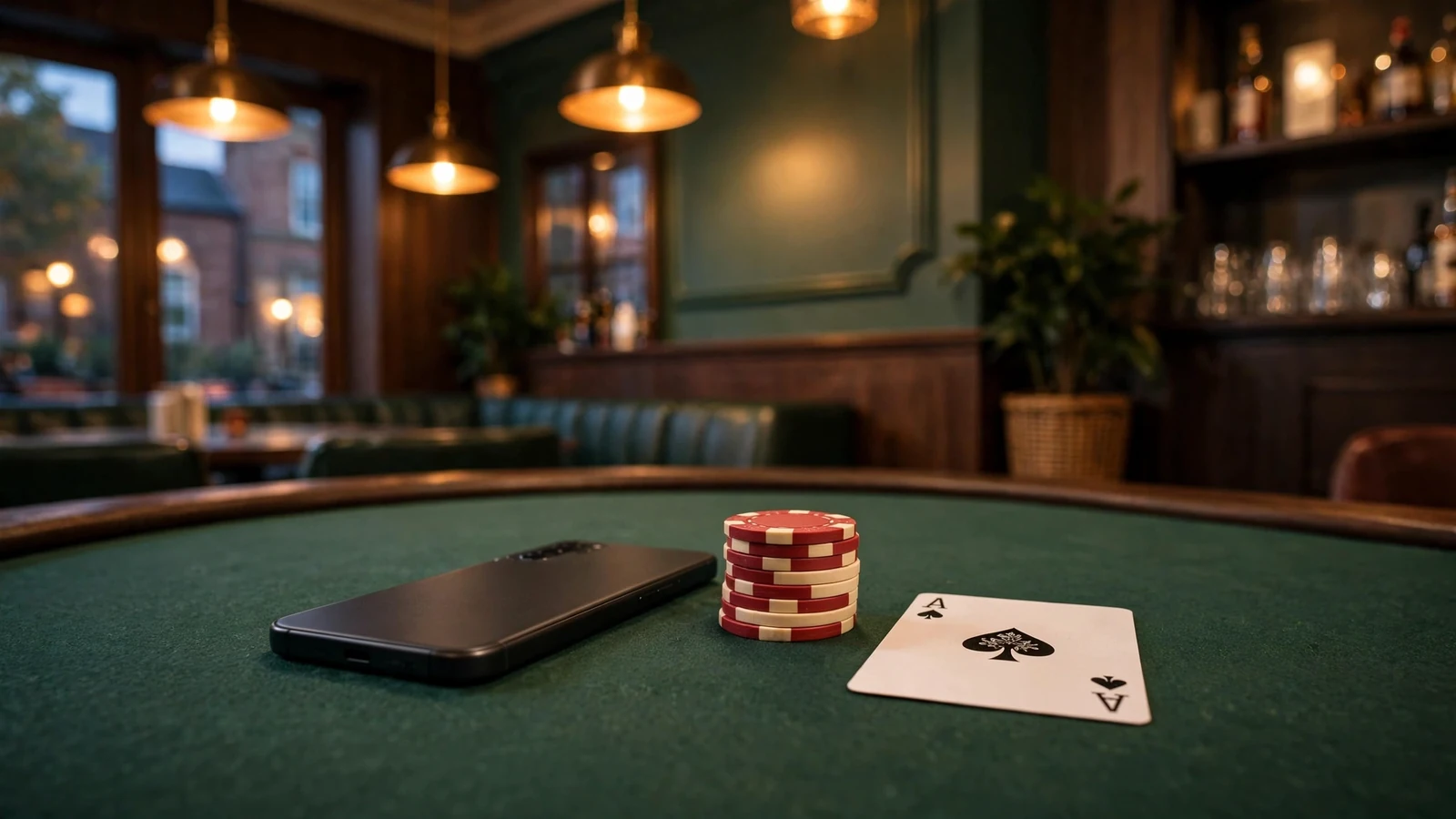 Smartphone on felt casino table beside poker chips and a playing card under warm pendant lighting