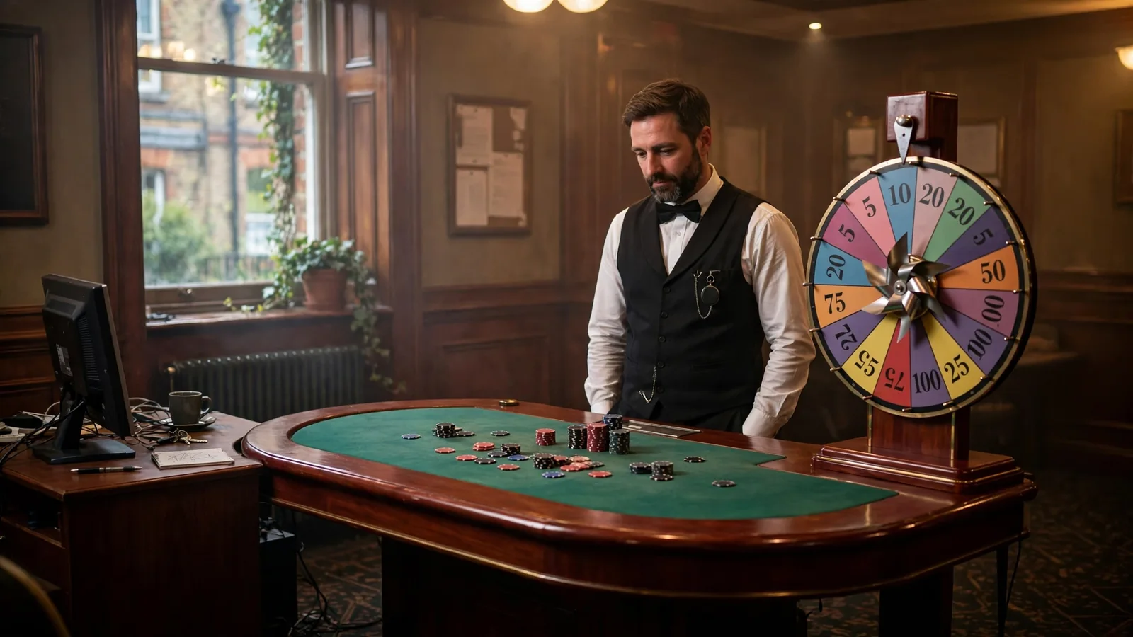 Live casino studio with a money wheel and croupier at a green felt table.