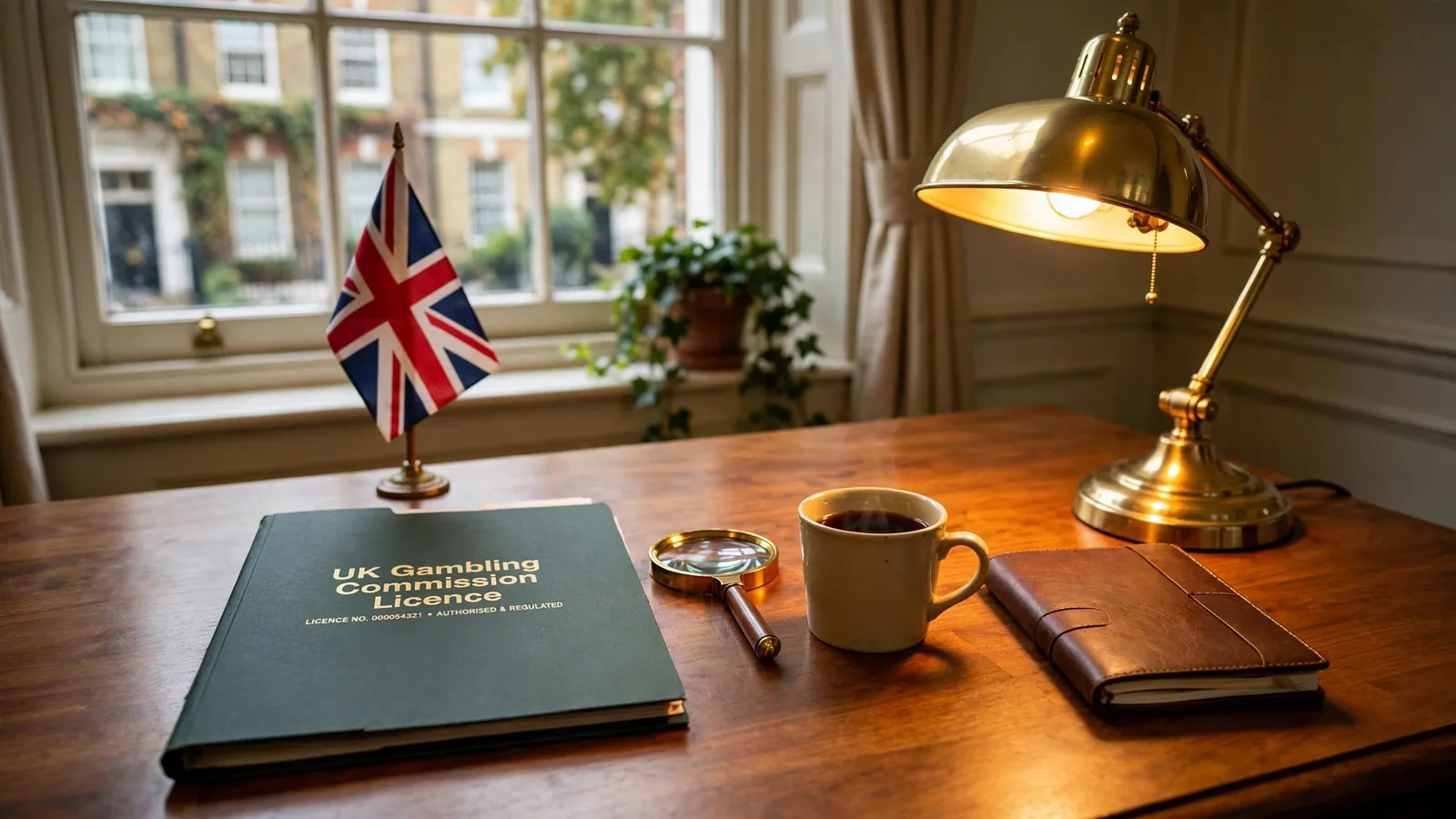 Wooden desk with UK Gambling Commission licence folder, magnifying glass, tea, and Union Jack in a London office.