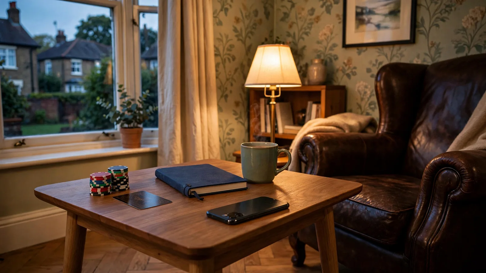 Casino chips and a face-down card on a wooden side table in a warm British living room.