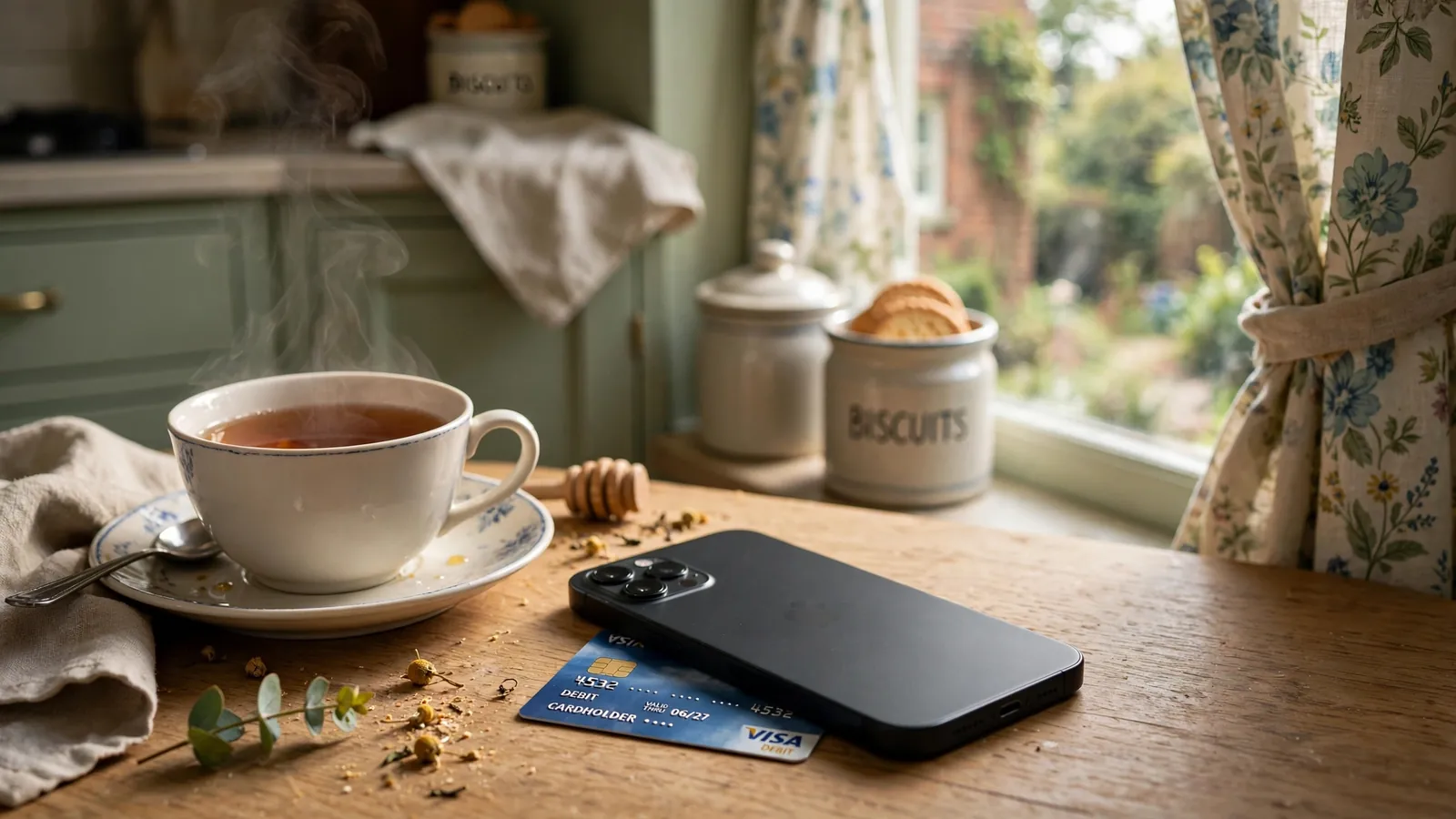 Smartphone and bank card on a wooden table in a British home, morning tea beside them