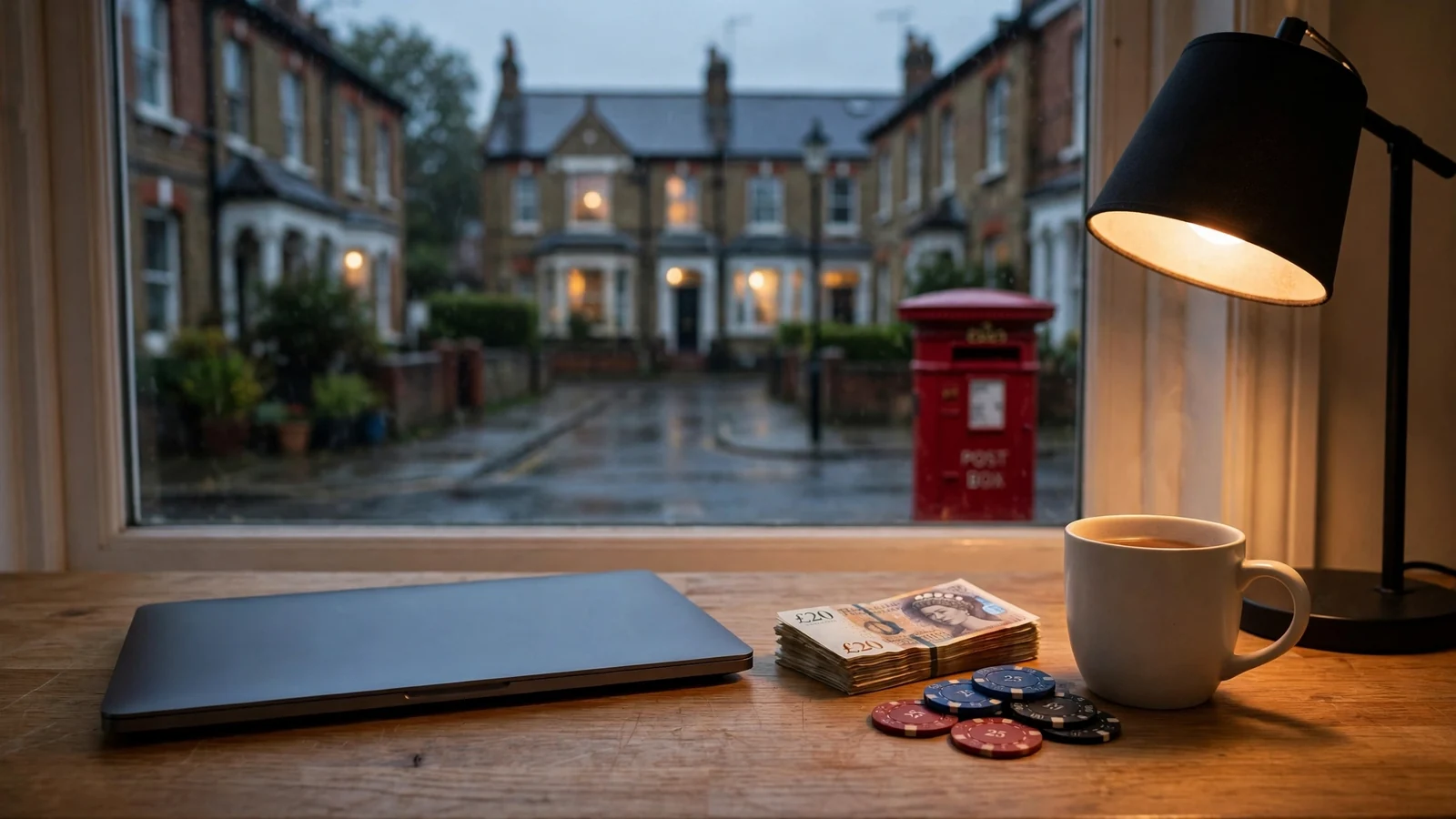 British home desk with closed laptop, pound notes and casino chips