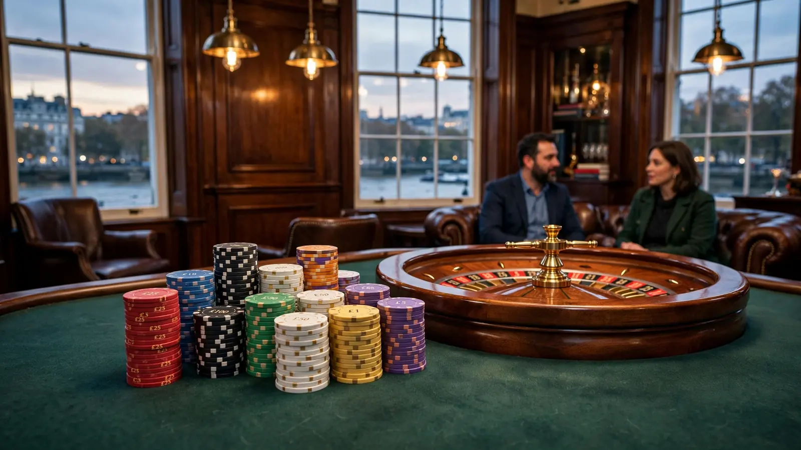 Stacked casino chips on a green felt table beside a wooden roulette wheel in a London members club.