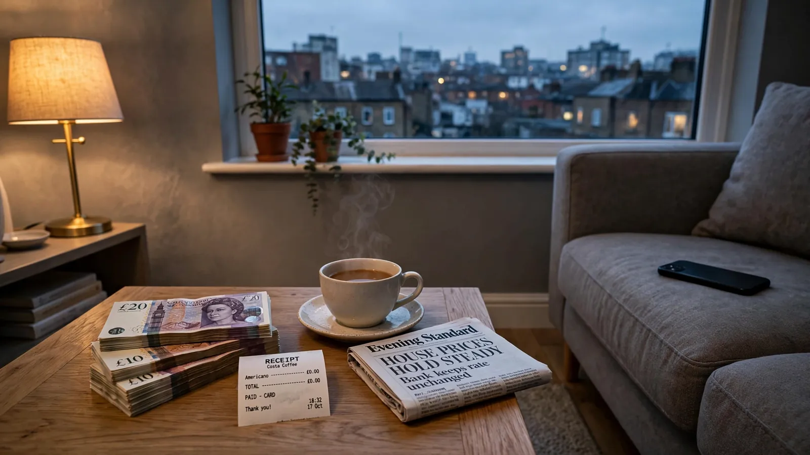 Pound notes and a zero receipt on a coffee table beside a face-down phone.
