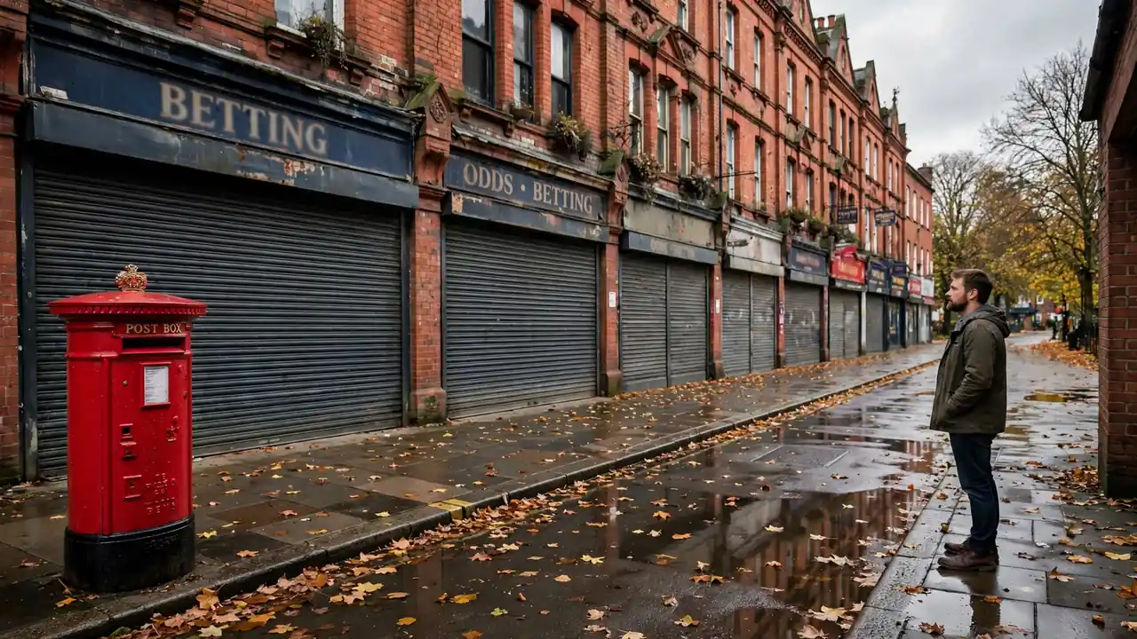 Person viewing closed betting shops on a rainy British high street