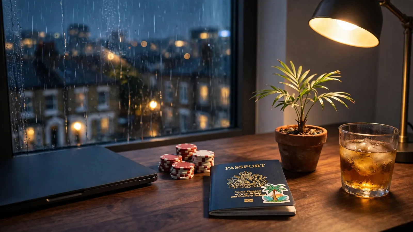 Still life with closed laptop, casino chips, passport, and tropical plant on a desk