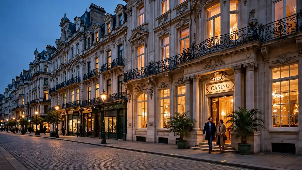 Elegant European boulevard at twilight with classical building facades and warm street lighting
