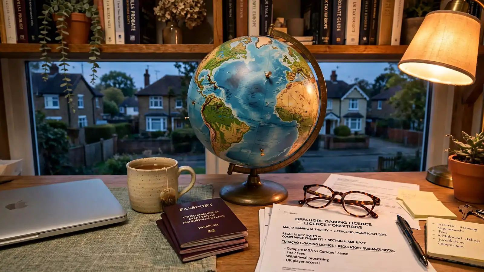 British home office desk at dusk with passport stack, globe, and closed laptop.