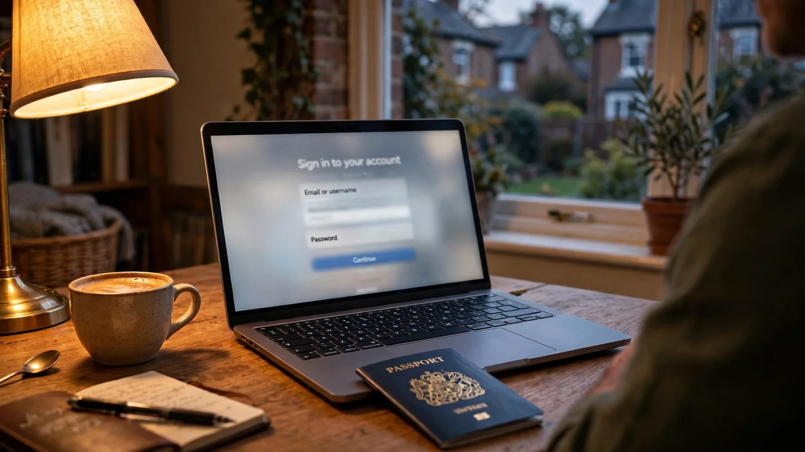 Laptop on desk with passport and coffee, suggesting online access from abroad