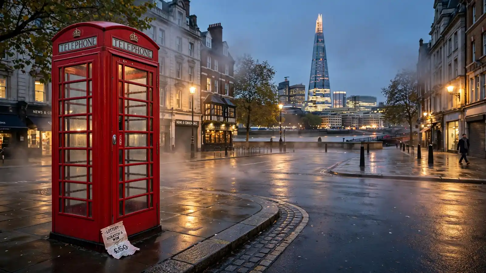 London street scene at dusk with Shard tower, red telephone booth, and discarded lottery ticket.