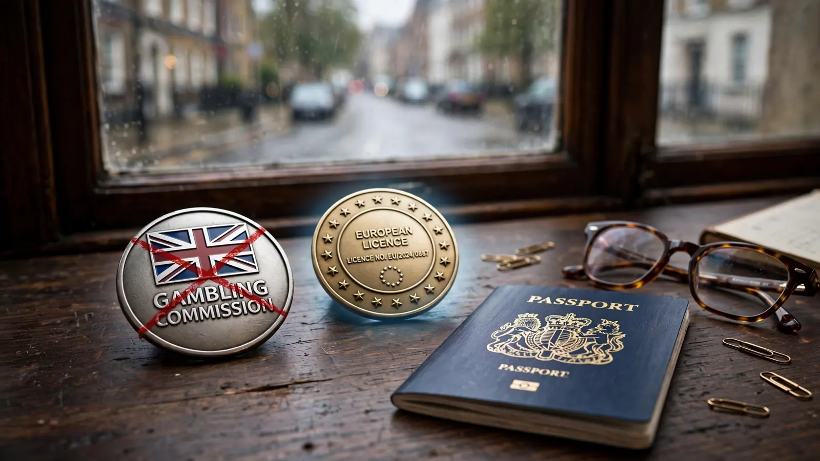 Two contrasting gambling licence badges on a wooden desk, symbolising UKGC versus overseas licensing.