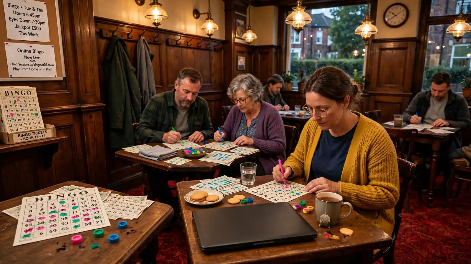 British bingo hall with tickets, dabbers, and players under warm lights
