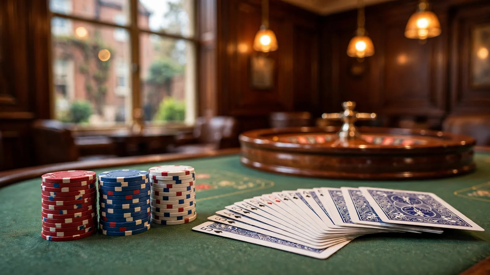 Stacks of casino chips and playing cards on a green felt table with a roulette wheel in the background