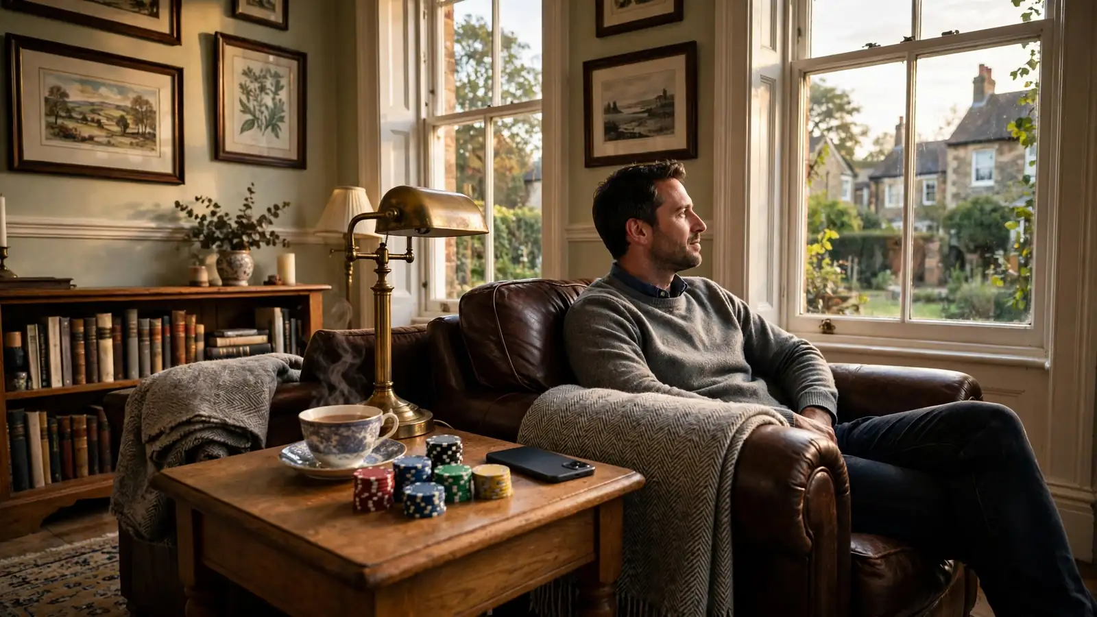 Player relaxing in a traditional British living room with stacked casino chips, tea, and a face-down smartphone on a side table.