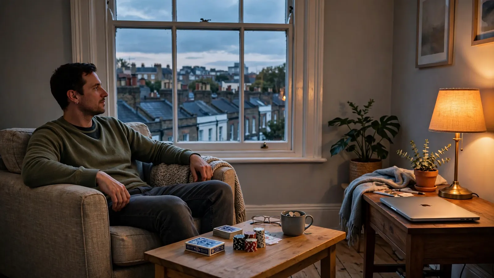 Person relaxing in a British flat at dusk with poker chips, cards, and a closed laptop.