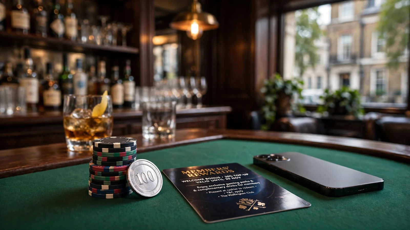 Casino chips and a 100 bonus token on a green felt bar counter with a closed phone.