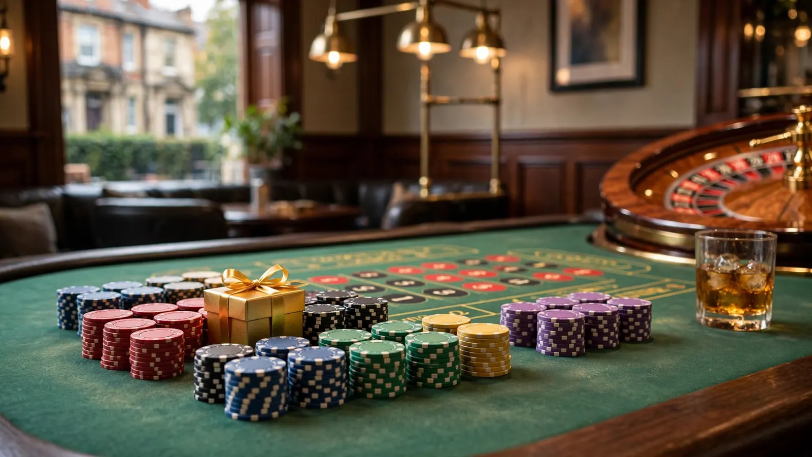 Casino table with stacked chips, roulette wheel, and a golden gift box