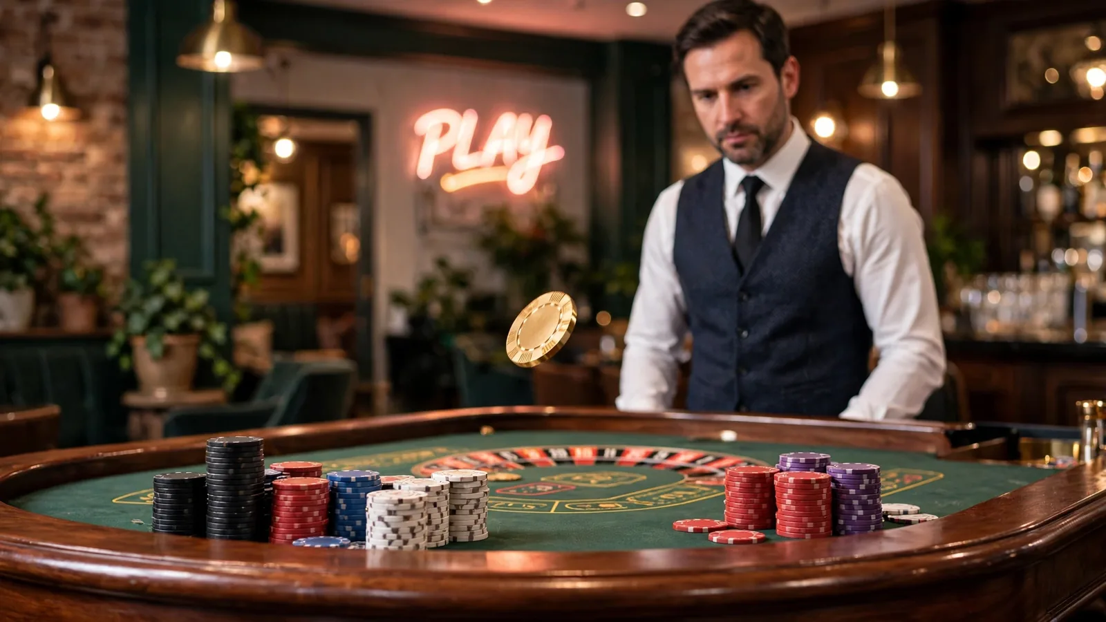 British casino roulette table with stacked chips and a croupier, golden chip tossed mid-air.