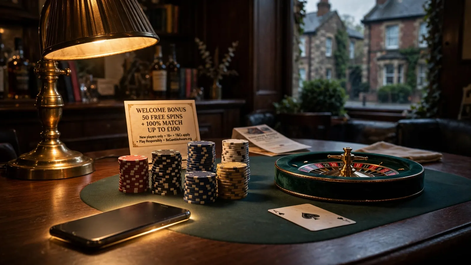 Casino chips, roulette wheel, and face-down smartphone on a dark table with warm lamp light.