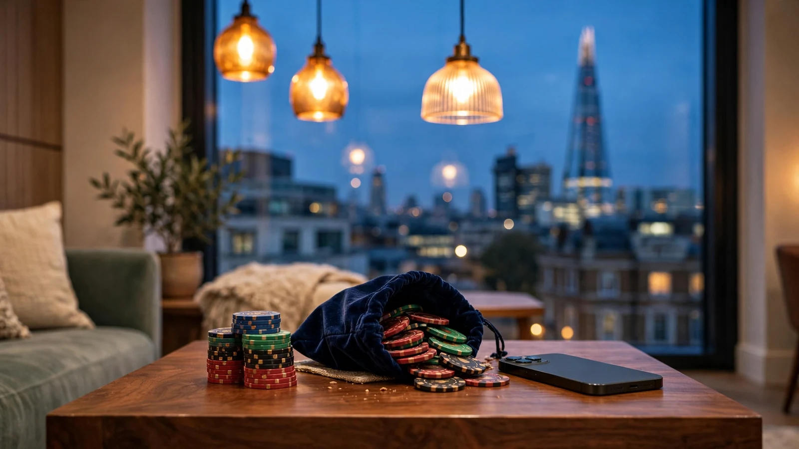 Casino chips on a lounge table in a modern London setting at dusk