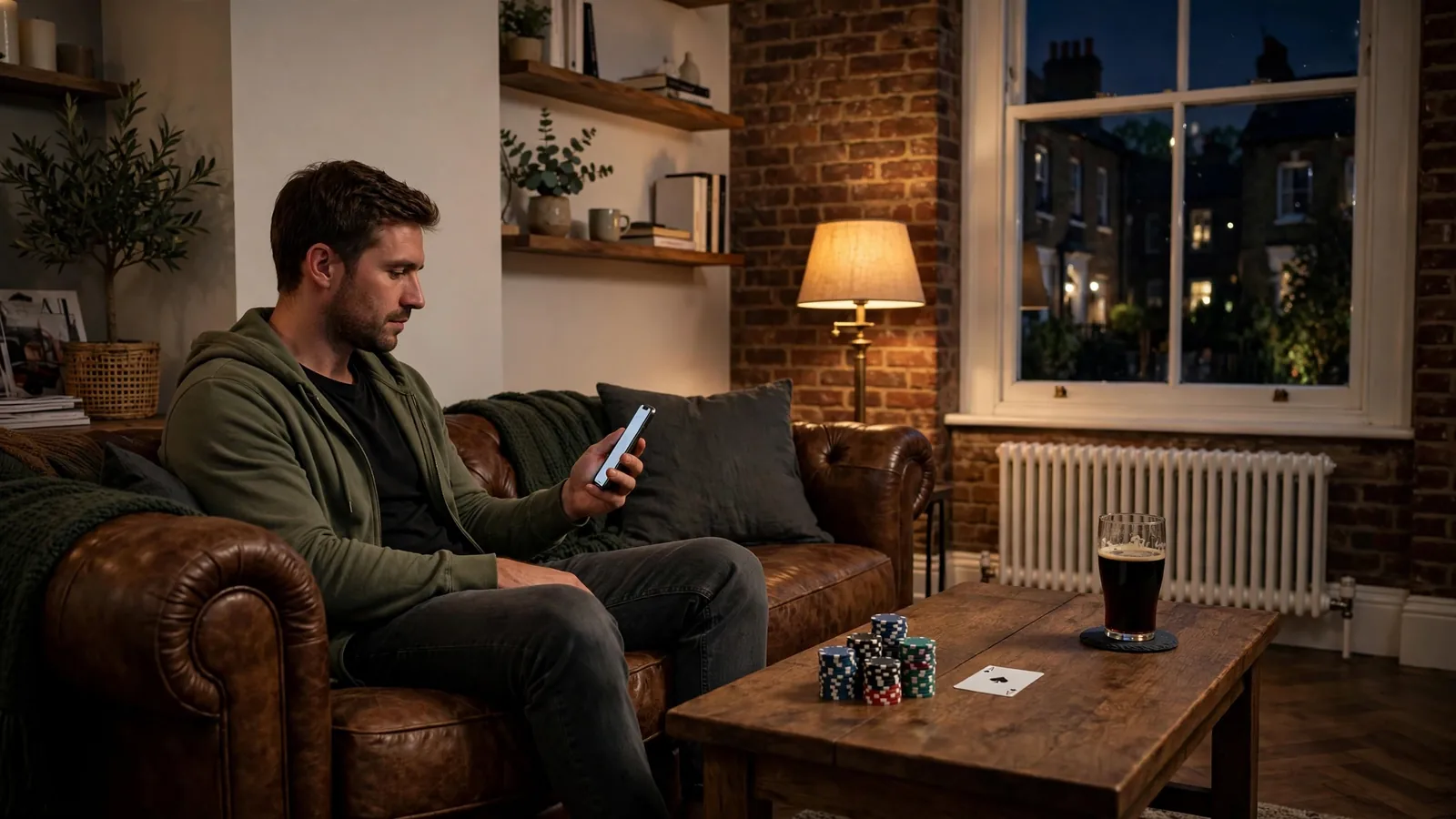 Young man relaxing in a modern British apartment at night, holding a smartphone near poker chips and a beer glass.