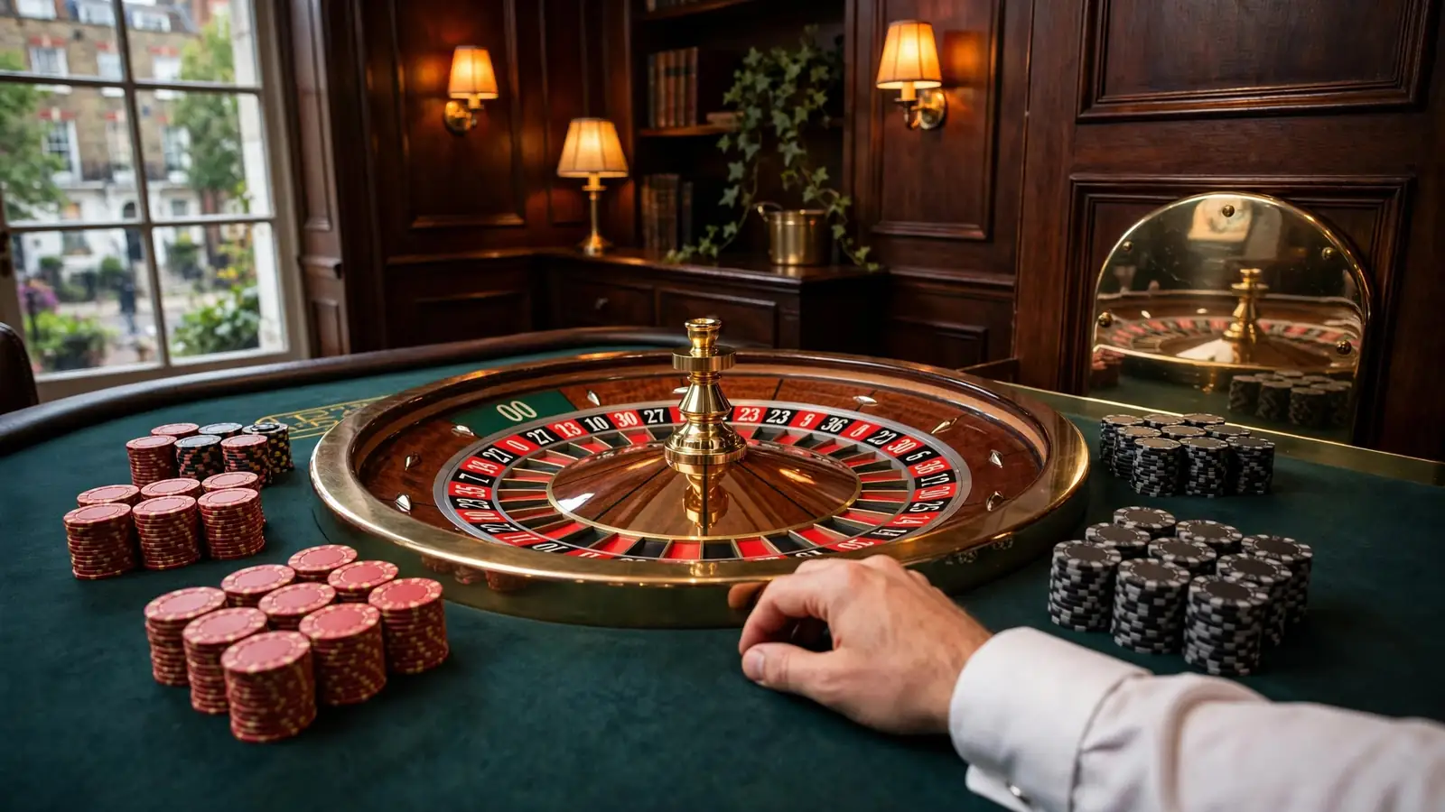 American roulette wheel and chips on a casino table in a London club setting.