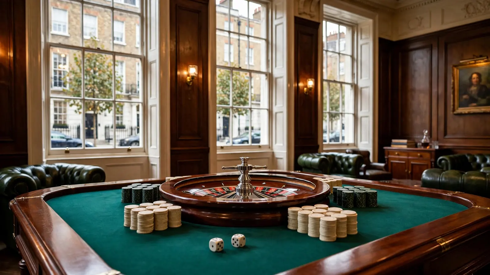 Casino table with roulette wheel, chips and dice in a British lounge.