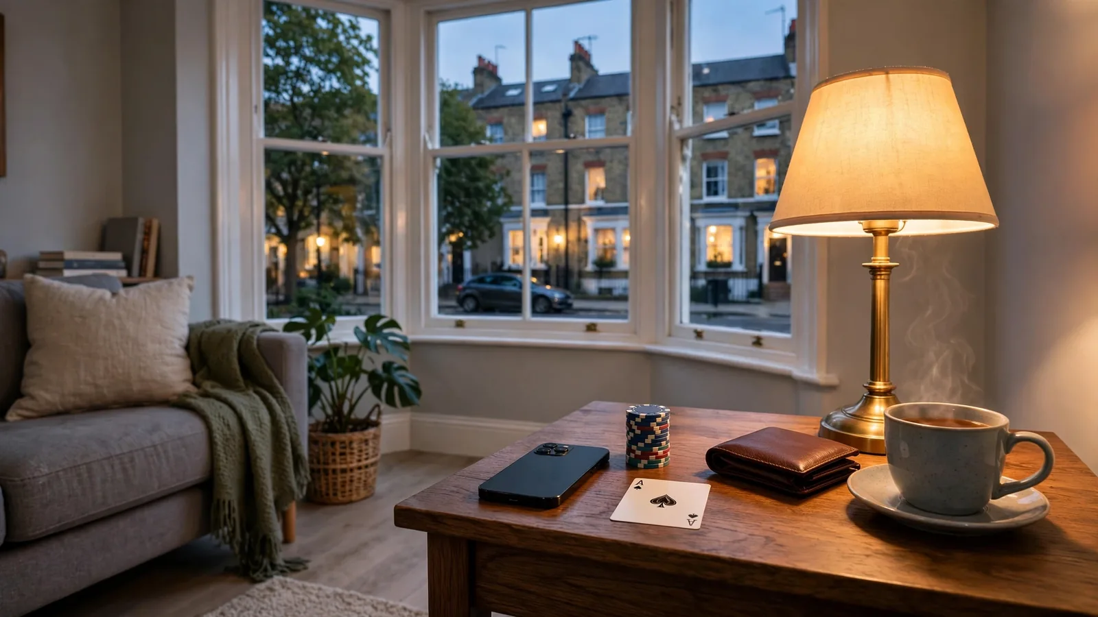 Smartphone, casino chips, playing card, wallet, and tea on a London side table at evening