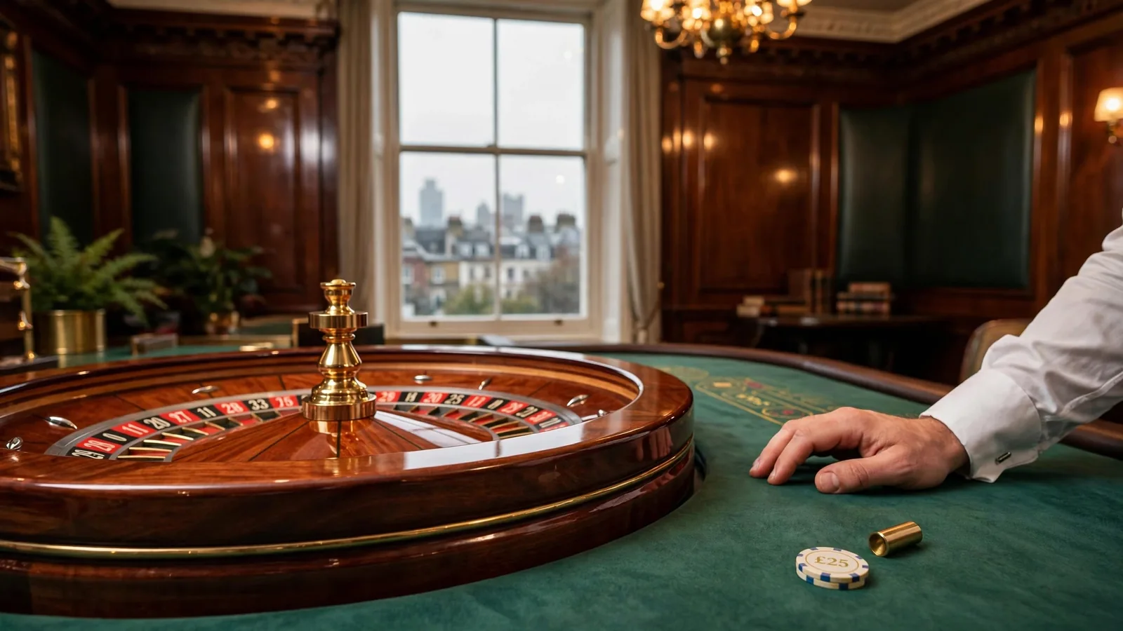 European roulette wheel on a casino table in a London gaming room