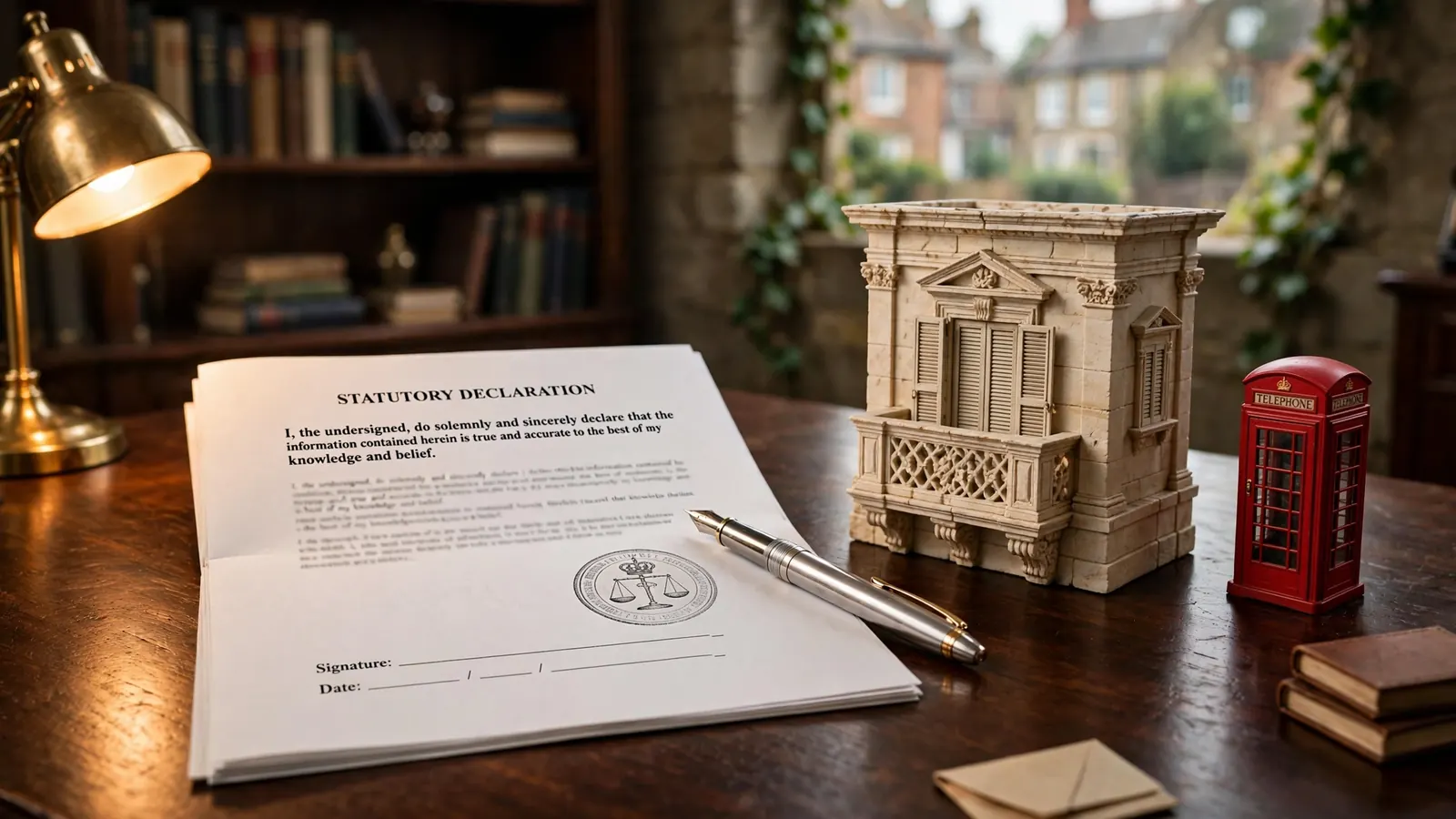 Wooden desk with license document, fountain pen, Maltese balcony miniature, and red telephone box figurine under warm lamp light.