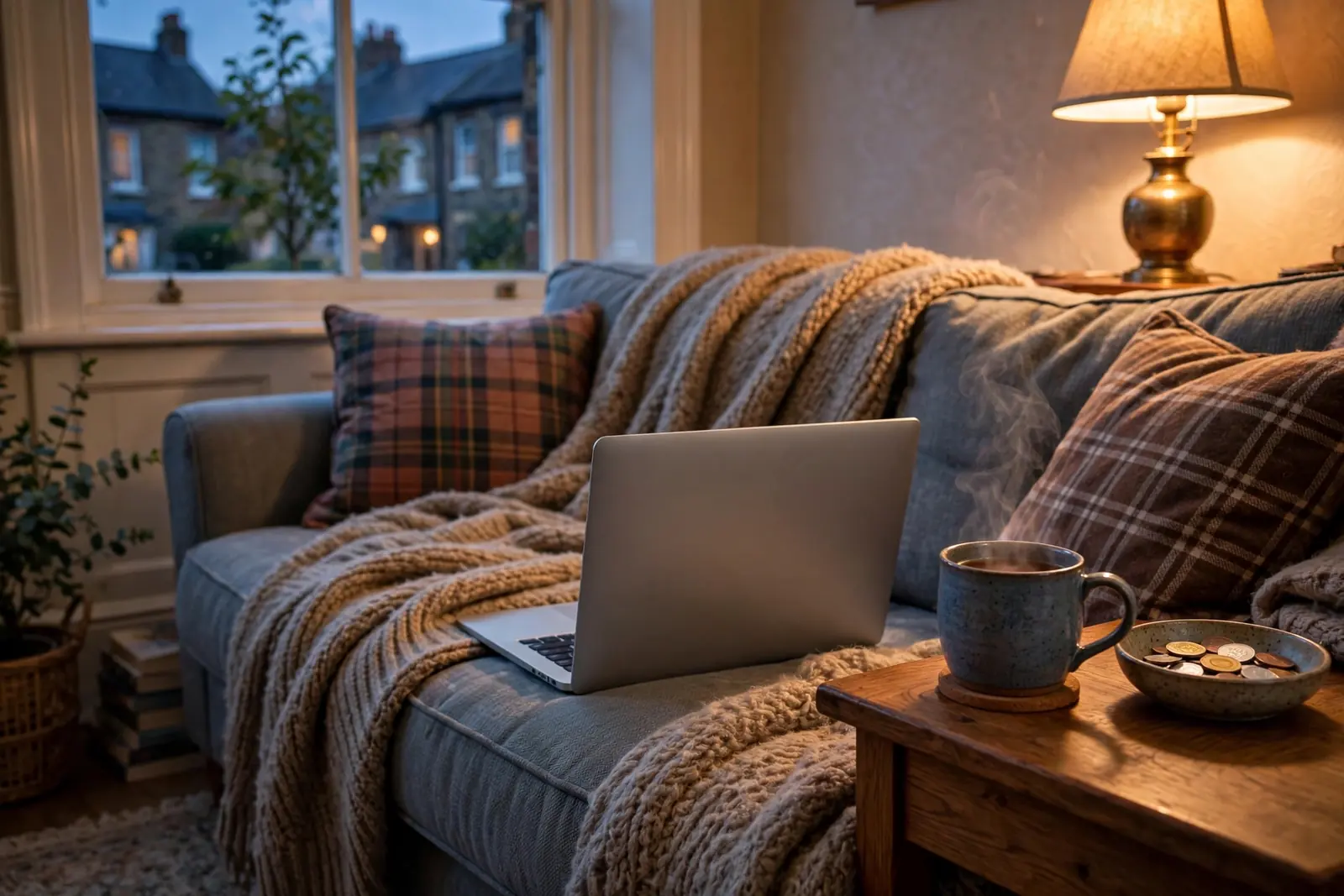 British living room with laptop, tea, and coins on a side table.