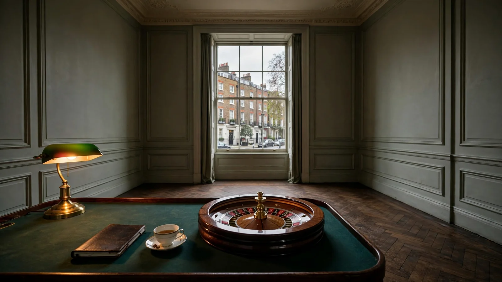 Single roulette wheel on a green table in an empty British room