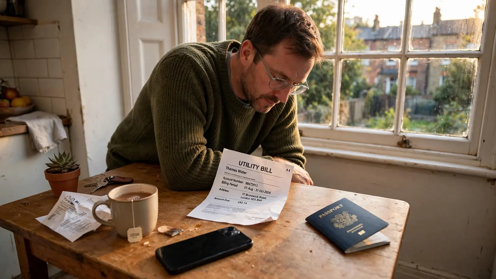 Phone face-down on a kitchen table beside a passport and a utility bill, UK home interior.